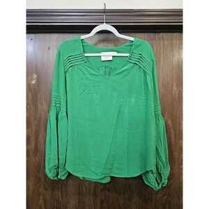 Maeve Blouse Womens Large Green Pleated Long Sleeve Boho Top Anthropologie